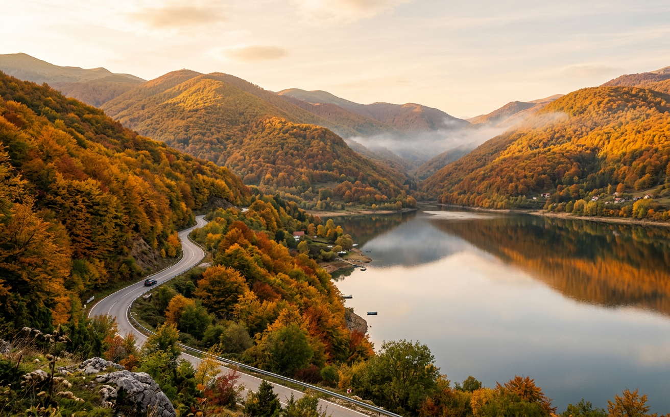 Golden and red autumn forests around Mavrovo Lake in North Macedonia