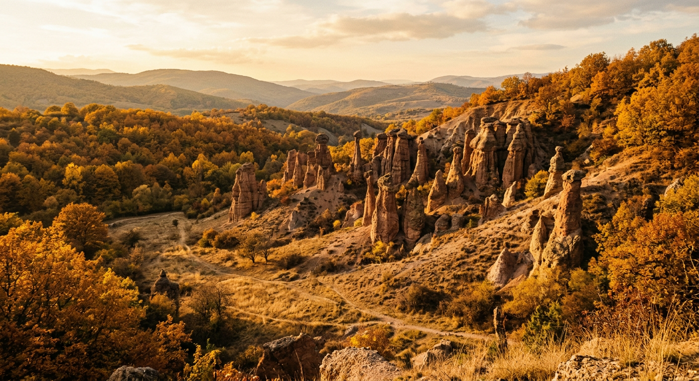 Kuklica stone doll rock formations surrounded by golden autumn trees near Kratovo