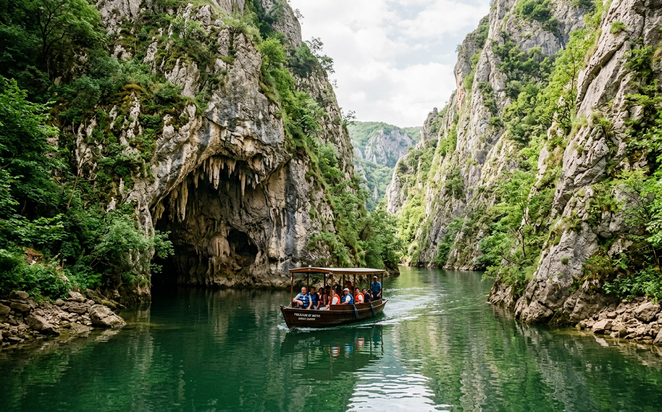 Boat approaching a cave entrance on emerald water in Matka Canyon
