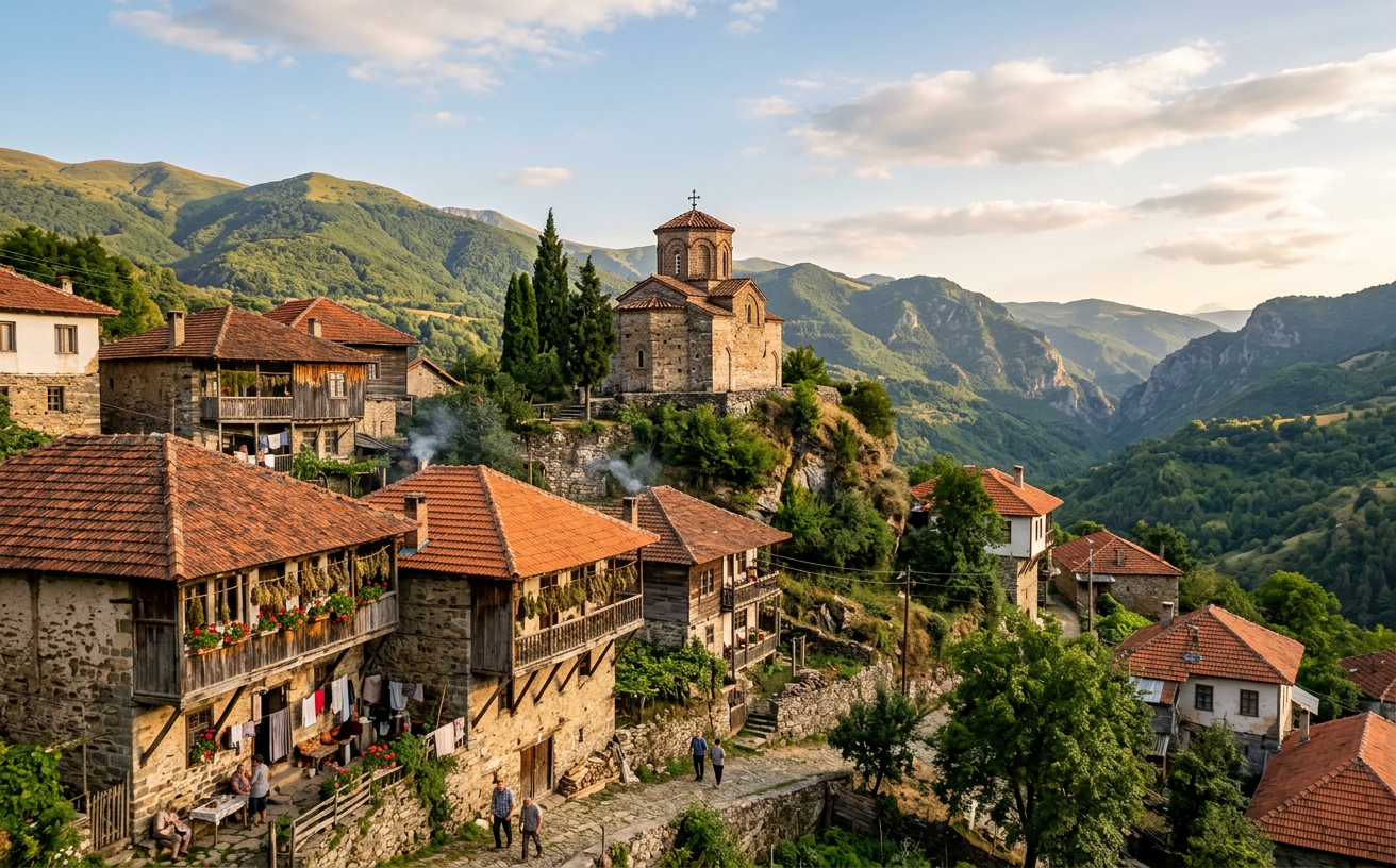 Stone houses of a traditional Macedonian village below a hillside church