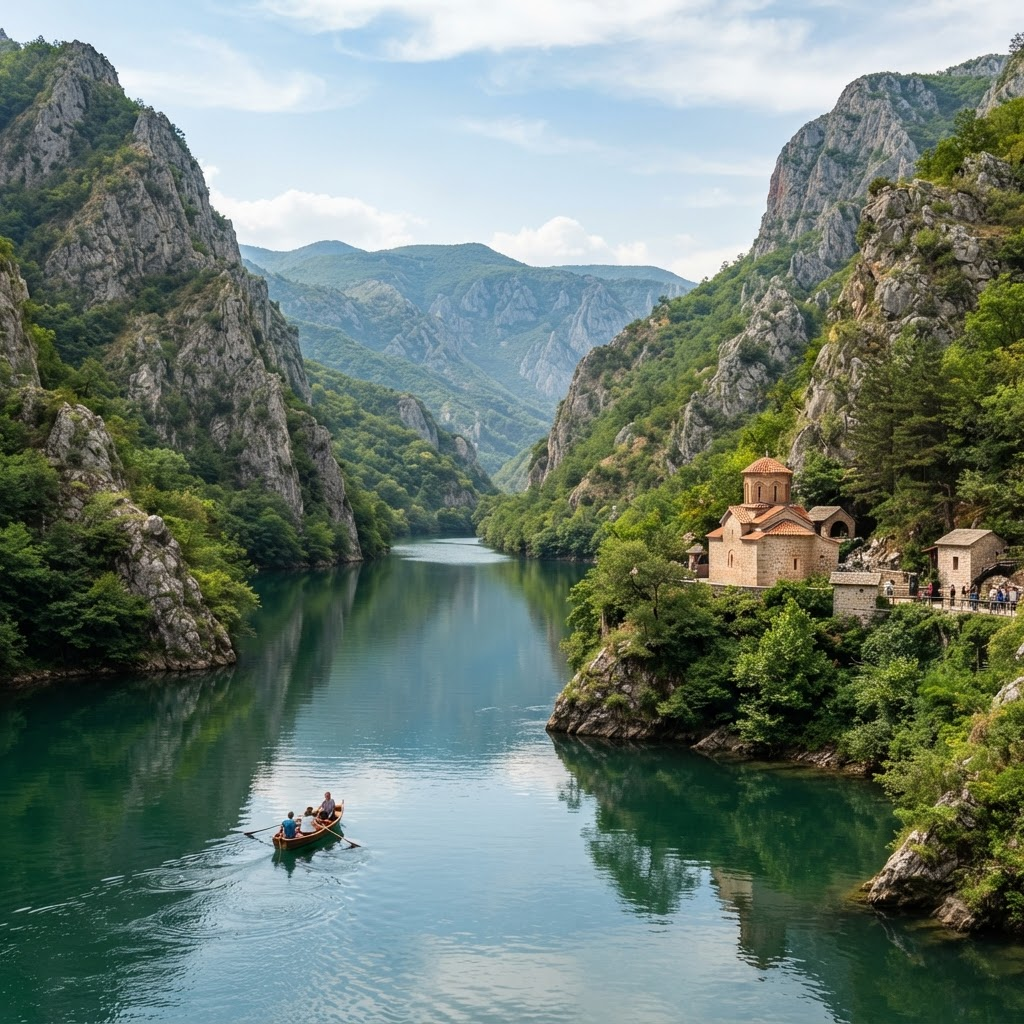 Emerald green Matka Canyon with a boat on the water near Skopje