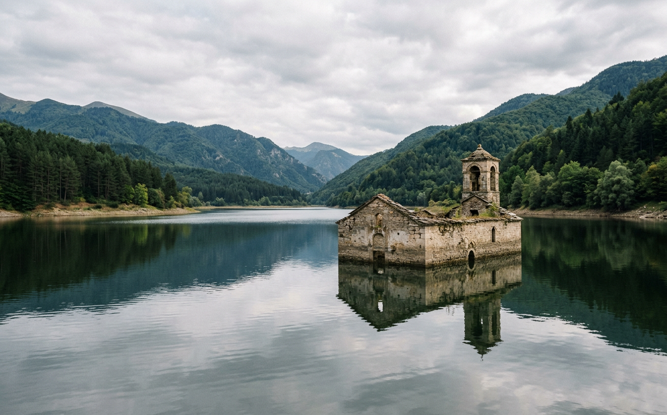 Half-submerged church of St. Nicholas in Mavrovo Lake