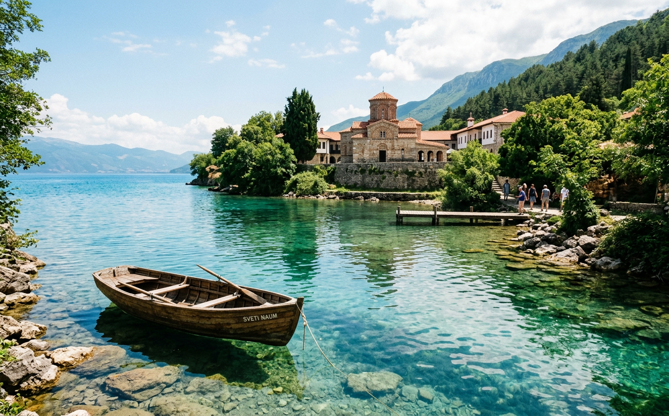 Saint Naum Monastery beside turquoise spring water on Lake Ohrid