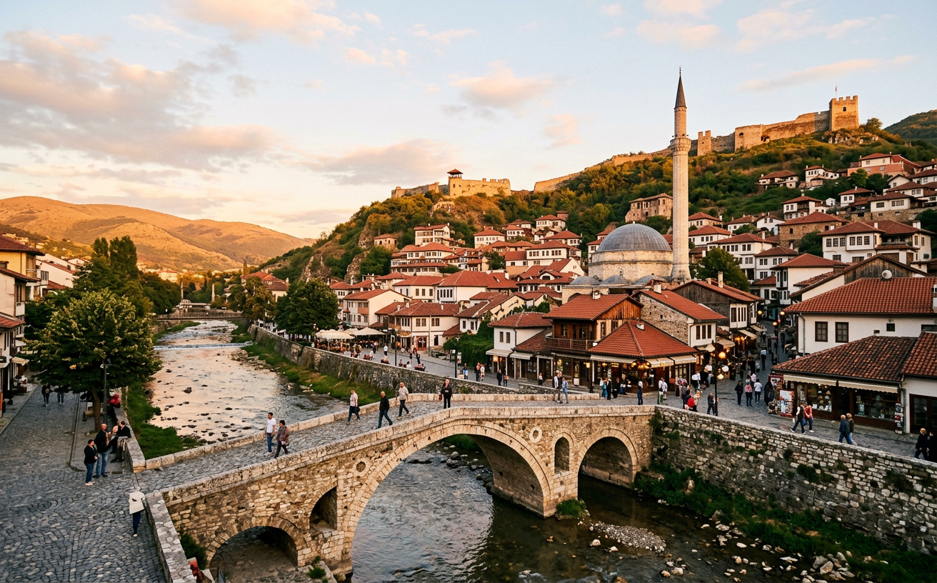 Prizren old town with an Ottoman stone bridge and mosque minaret