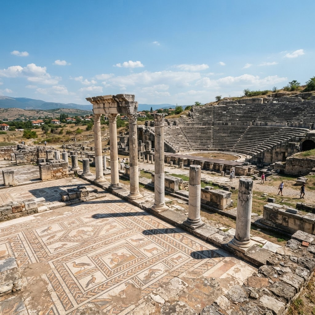 Ancient Roman ruins and columns at the Stobi archaeological site