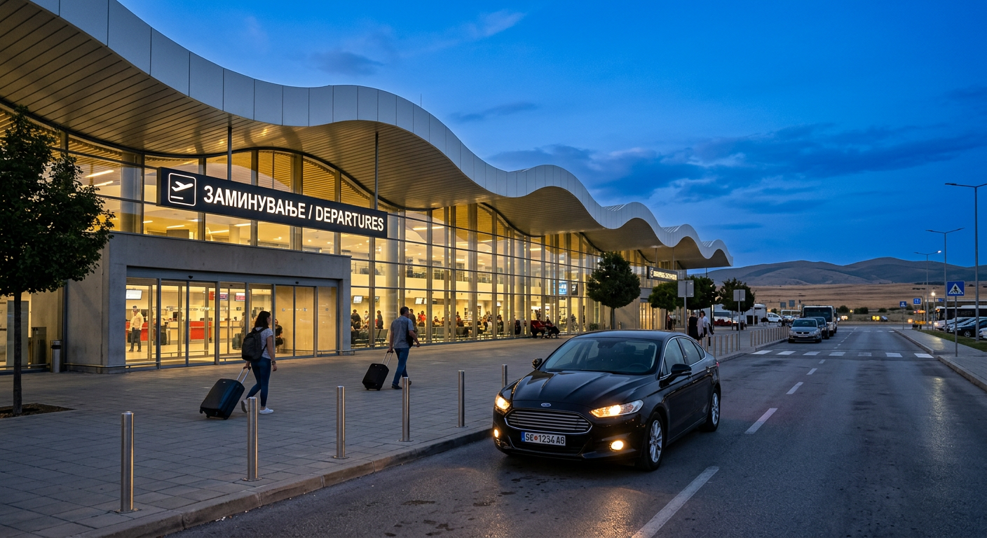 Black Ford Mondeo waiting outside the departures entrance of Skopje International Airport at dusk