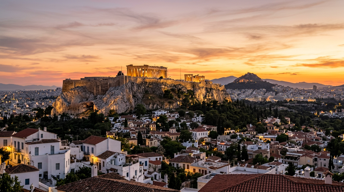 The Acropolis above Athens at sunset