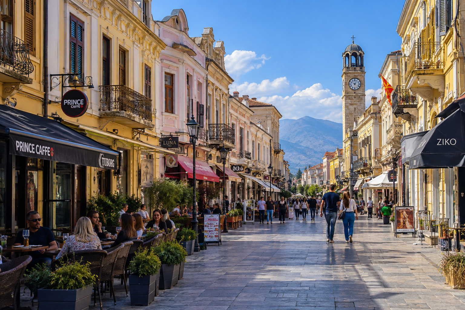 Colourful old facades along Shirok Sokak street in Bitola