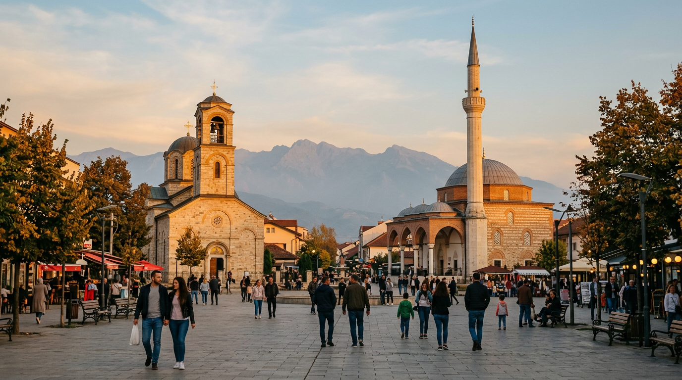 Mosque and Orthodox church side by side in the centre of Ferizaj