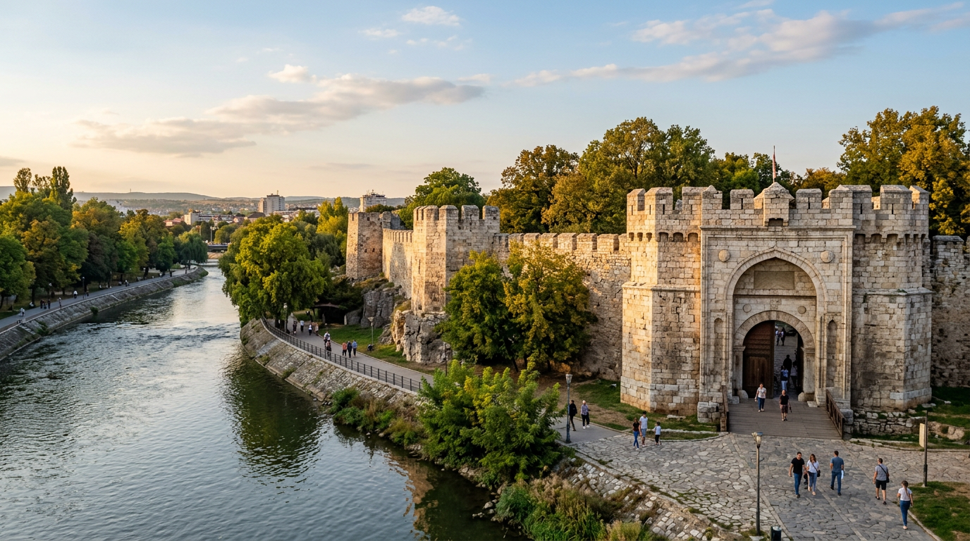 Stone gate of Niš Fortress beside the Nišava river