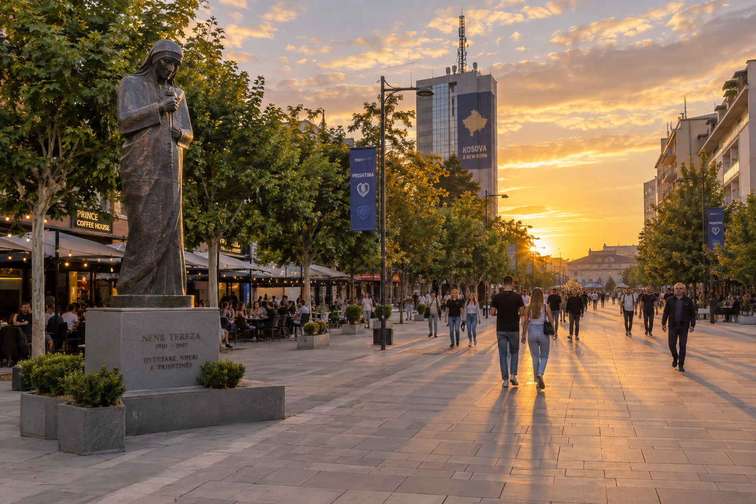 Mother Teresa Boulevard in central Pristina at golden hour