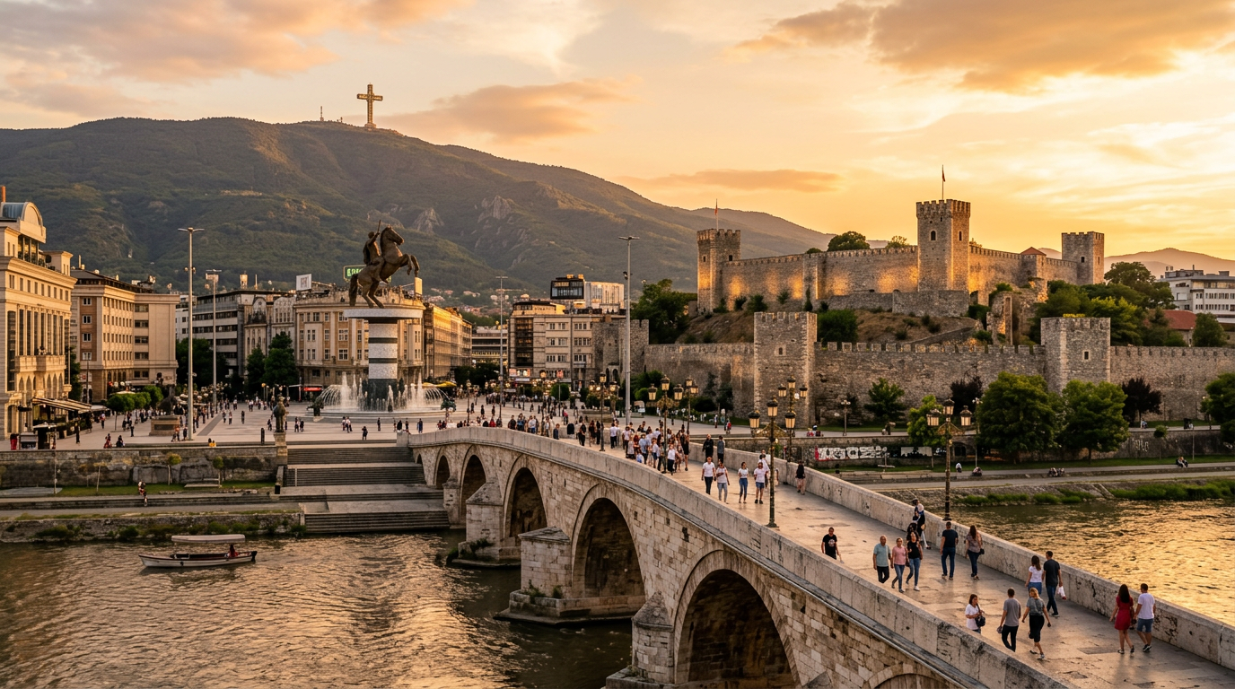 Stone Bridge over the Vardar river in Skopje with the fortress behind