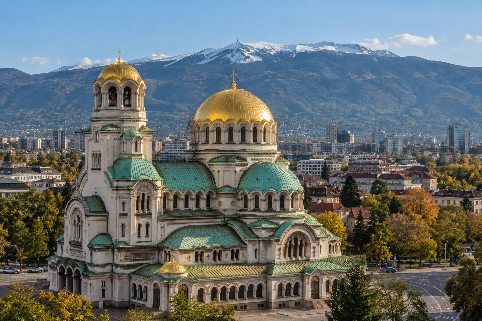 Golden domes of Alexander Nevsky Cathedral in Sofia with Vitosha behind