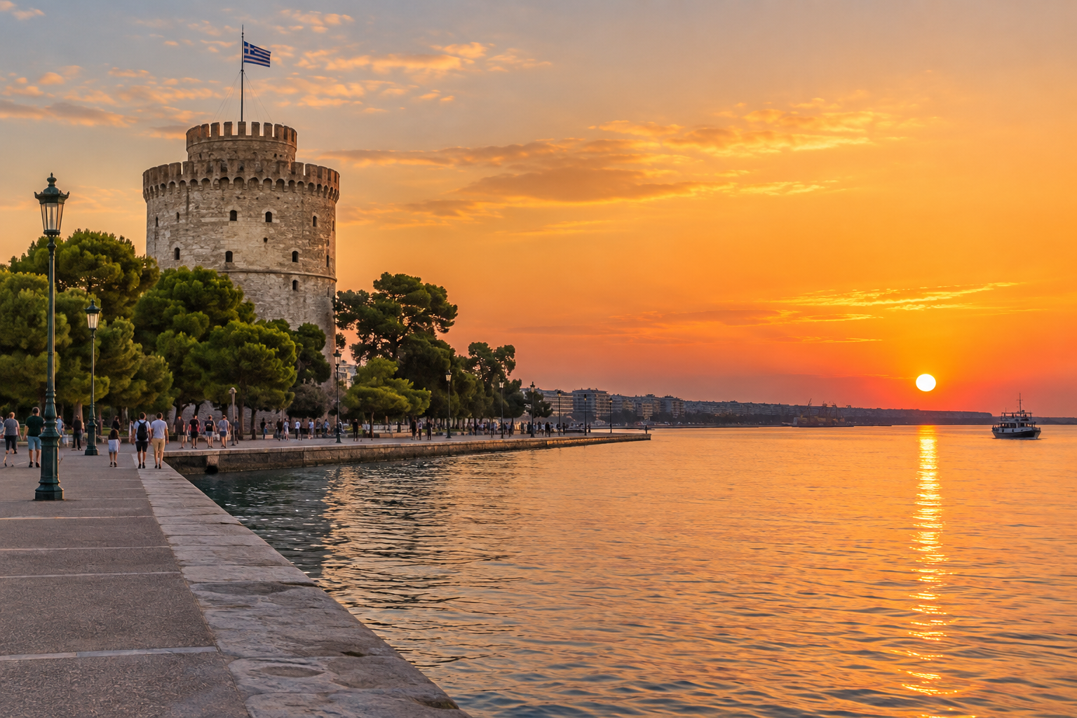 White Tower on the seafront promenade of Thessaloniki at sunset