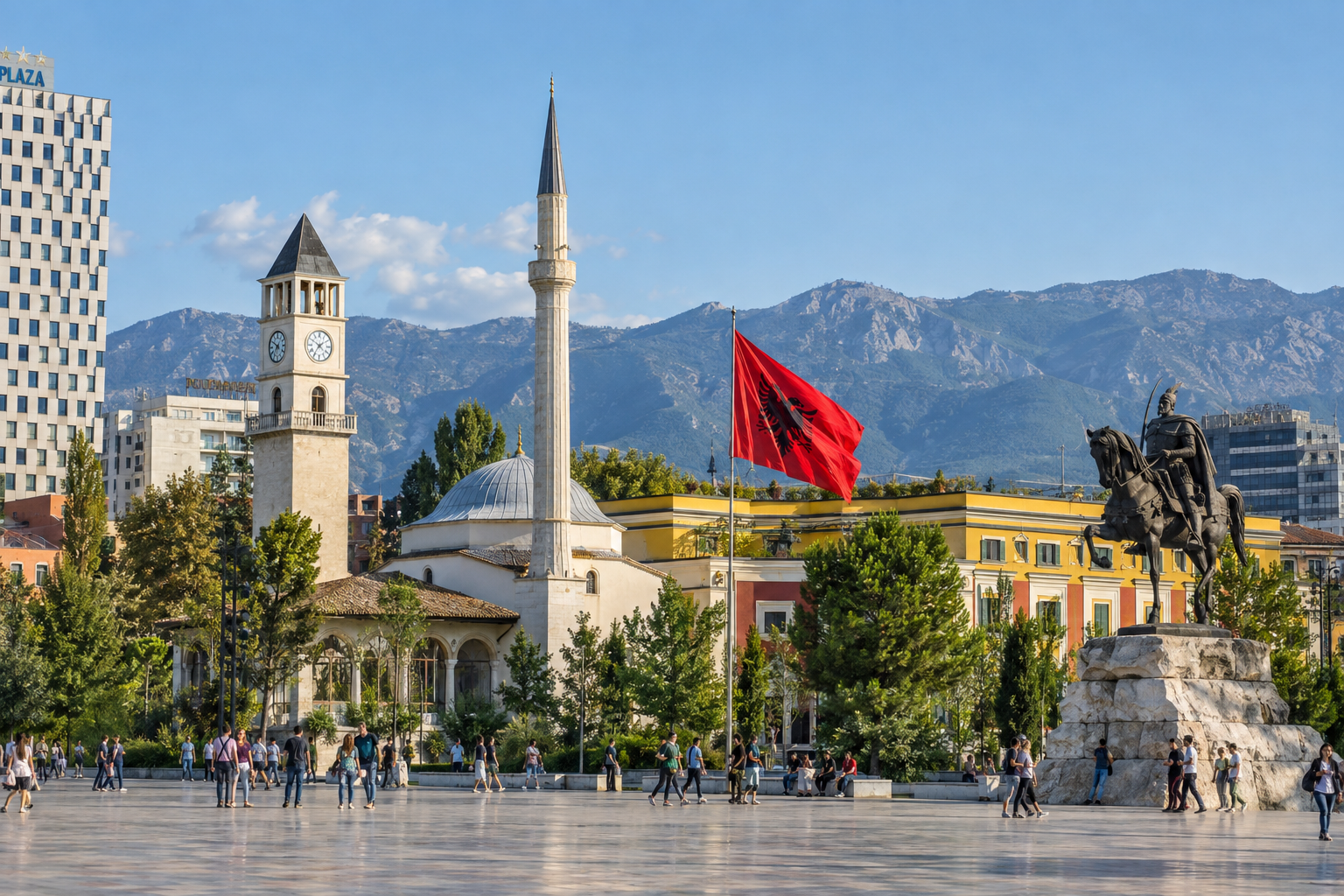Skanderbeg Square in central Tirana with mountains in the distance
